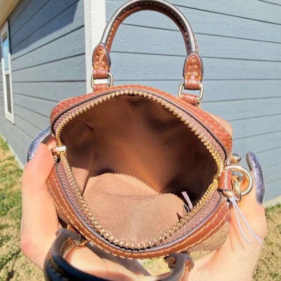 Coach Micro Rowan Bag Charm Signature Canvas Keychain Brown Mini Satchel NEW - Picture 5 of 5